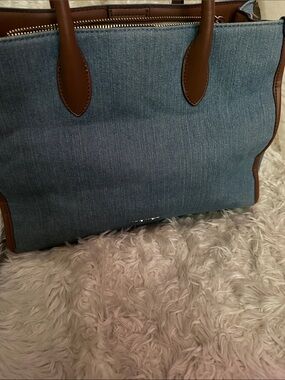 Anne Klein Blue Denim Tote with Brown Leather Trim